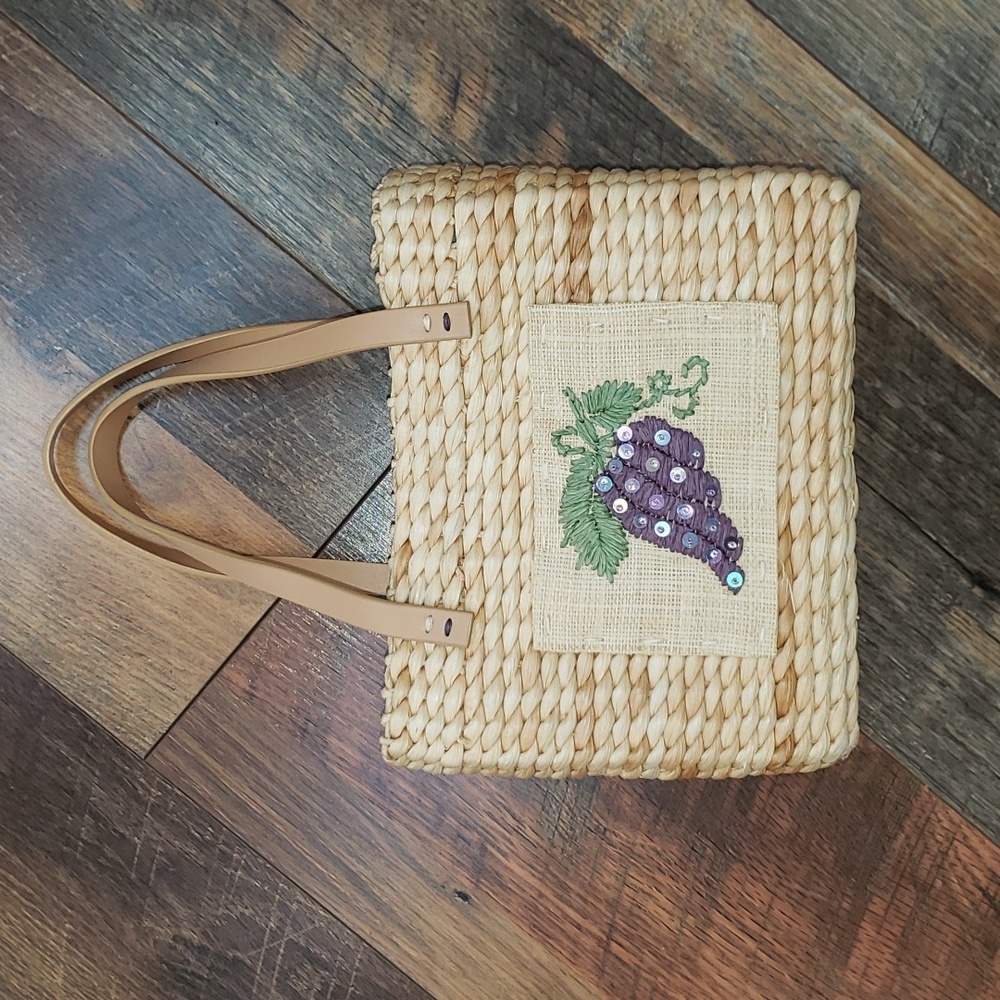 Amanda Smith Tan Woven Top Handle Bag with Embroidered Grape Graphic